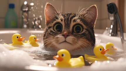 Cat Bathing with Rubber Ducks in Fun Setting