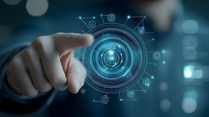Poster - Futuristic business concept featuring a businessman pointing at a polygonal hand against a dark blue background surrounded by glowing bokeh effects representing technology innovation