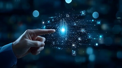 Poster - Futuristic concept depicting a businessman pointing at a polygonal hand on a dark blue background surrounded by glowing bokeh elements representing the idea of technology innovation