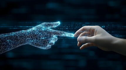 Poster - Polygonal hand reaching out and meeting a businessman s finger in a futuristic digital space