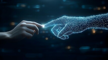 Poster - Polygonal hand symbolizing innovation and technology meets a businessman s finger in a futuristic digital space with a dark blue background and glowing bokeh