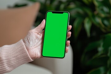 Poster - The elderly woman is presenting her phone on an empty green screen. Mockup blank template for an app, being used for design. Calling relatives. Using the phone. Latest technology. Stock photo.