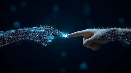 Poster - Futuristic digital connection  A businessman s hand reaching towards a polygonal hand set against a deep blue background with warm bokeh light effects symbolizing technology innovation