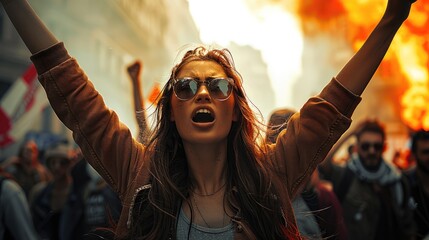 A modern woman on a strike with a crowd, rebellious and holding a transparent.