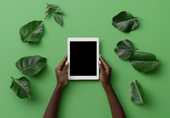 Poster - Background with minimalistic aqua green hands holding a tablet