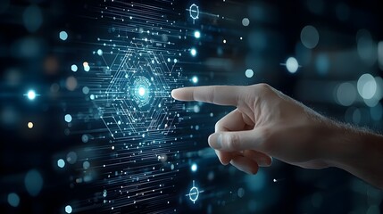 Poster - Businessman Pointing at Polygonal Digital Hand on Dark Blue Tech Inspired Background with Glowing Bokeh Representing the Concept of Future Technology and Innovation