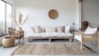© ArpPSIqee - A cozy countryside retreat living room design set against a white canvas backdrop, adorned with minimalist countryside furniture arrangements, Countryside minimalist style