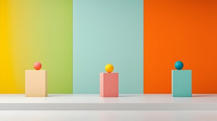 Fototapete - Set of minimalist geometric prism shapes in vibrant gradient background designed for modern covers banners social media content and other creative visual projects