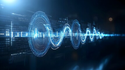 Poster - Glowing blue digital waves and lines flowing dynamically across a dark and white background representing the concept of futuristic technology data processing