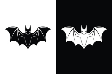 Black silhouette Halloween bat vector icon illustration on white background.	