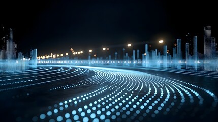 Leinwandbilder - Glowing blue waves and particles on a dark background fading into white representing the concept of technology and digital transformation in a modern abstract and futuristic visual style