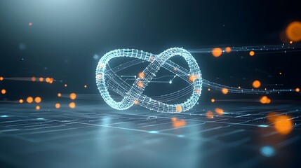 Poster - Glowing digital particles flowing in smooth mesmerizing waves across a dark atmospheric background