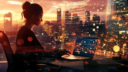 Fototapete - A silhouette of a woman working on a laptop against a city sunset backdrop.