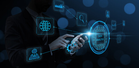 Wall Mural - businessman using mobile phone analyzing data growth increasing sales, marketing, development, manag