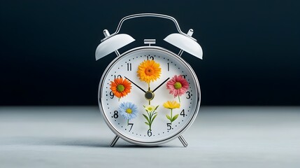 Poster - Flowers representing the four seasons growing within an alarm clock symbolizing the flow of clean energy and the passage of time set against a dark blue and white background