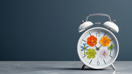 Poster - Alarm clock filled with blooming flowers symbolizing the four seasons and alternative energy sources set against a minimalist dark blue and white background representing a concept of sustainability