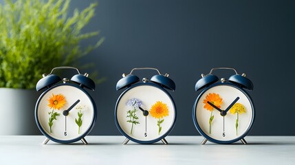 Poster - Innovative alternative energy concept featuring an alarm clock with flowers representing the four seasons set against a clean contemporary blue and white background