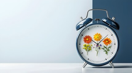 Poster - Renewable Energy Concept with Seasonal Flowers Blooming Inside an Alarm Clock Symbolizing the Cyclical Nature of Time and the Environment on a Modern Dark Blue and White Background