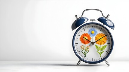 Poster - Renewable energy concept represented by an alarm clock filled with seasonal flowers symbolizing the cyclical nature of sustainable power on a modern minimalist dark blue and white background
