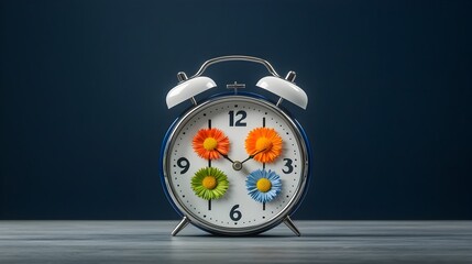 Poster - Visually striking conceptual depicting an alarm clock filled with colorful flowers representing the four seasons