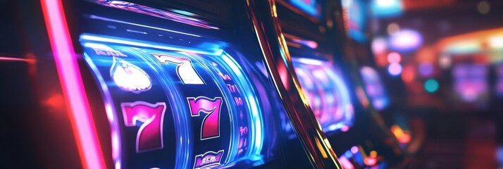 Aufkleber - Brightly lit slot machines line the venue, their reels spinning rapidly while jackpot symbols glow attractively in a bustling atmosphere. Generative AI