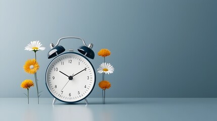 Poster - Innovative clean energy concept featuring an alarm clock with flowers representing the four seasons set against a sleek dark blue and white background symbolizing sustainability efficiency