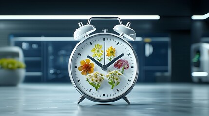 Poster - An alarm clock adorned with vibrant flowers representing the four seasons set against a futuristic dark blue and white backdrop symbolizing the transition towards clean