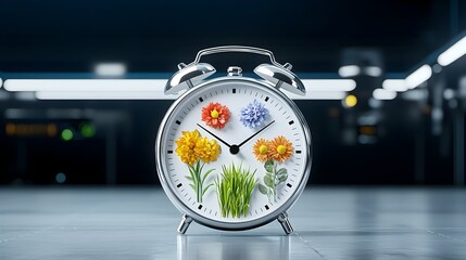 Poster - Clean energy symbolized by an alarm clock with flowers representing all four seasons set against a dark blue and white futuristic backdrop conveying the idea of renewable