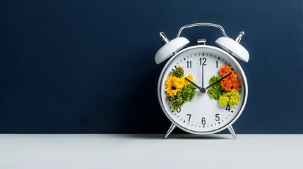 Poster - Conceptual of renewable energy and sustainability featuring seasonal flowers blooming inside an alarm clock against a dark blue and white background