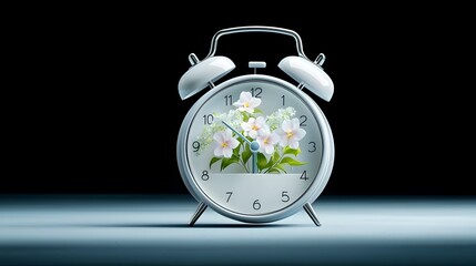 Poster - An elegant alarm clock surrounded by vibrant blooming seasonal flowers set against a serene abstract blue and white background representing clean and alternative energy solutions