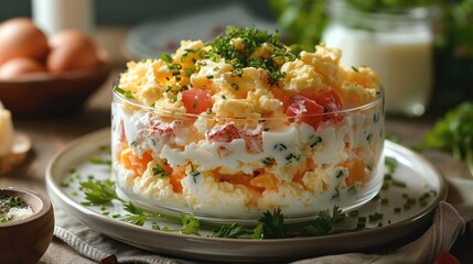 Wall Mural - Layered salad of eggs, crab sticks, cheese.