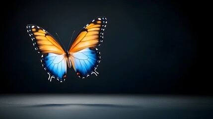 Leinwandbilder - Stunning image of a bright fiery butterfly with glowing blue wings captured in dynamic graceful flight against a dark atmospheric background creating a mesmerizing magical visual effect