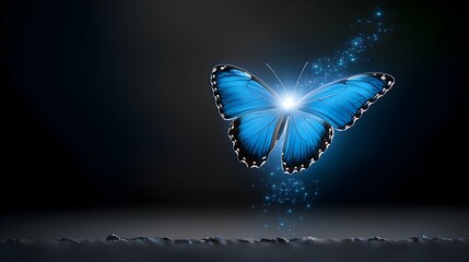 Leinwandbilder - Mesmerizing close up of a delicate blue glowing butterfly with ethereal shimmering wings hovering in mid air against a dark dramatic backdrop and radiating an enchanting otherworldly light