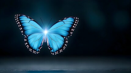 Leinwandbilder - Captivating blue glowing butterfly with delicate wings hovering in mid air against a dark backdrop radiating an ethereal magical light and creating a dreamlike mystical atmosphere