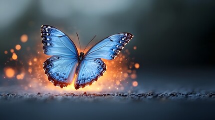 Leinwandbilder - Breathtaking image of a bright blue glowing butterfly with intricate fiery wing patterns set against a dark contrasting background that creates a mesmerizing ethereal and fantastical visual effect