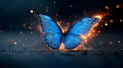 Leinwandbilder - Captivating image of a bright blue glowing butterfly with intricate mesmerizing wing patterns set against a dark contrasting background with a fiery ethereal glow surrounding it
