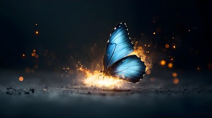 Fototapete - Captivating image of a fiery butterfly with vibrant blue glowing wings captured in dynamic motion and surrounded by swirling flames and energy against a dark mysterious backdrop