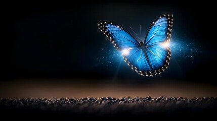 Leinwandbilder - Enchanting close up of a vibrant blue glowing butterfly its wings radiating captivating light and energy gracefully hovering in the air against a dark and magical background