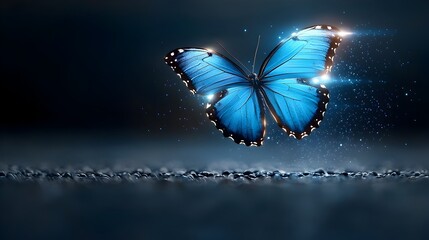 Fototapete - Vibrant Close up of a Glowing Blue Butterfly Its Wings Radiating Captivating Light and Energy Hovering Mystically in the Air on a Dark and Magical Background