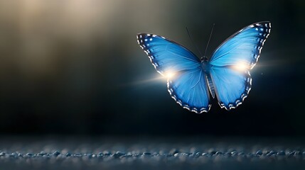 Poster - Mesmerizing close up of a vibrant blue glowing butterfly with its wings radiating intense light and energy gracefully hovering in the air against a dark and magical background