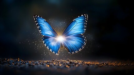 Poster - Captivating close up of a vibrant blue glowing butterfly with wings radiating mesmerizing light and energy gracefully hovering in the air against a dark and magical background