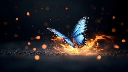Fototapete - Captivating image of a fiery butterfly with striking blue glowing wings captured in a state of dynamic motion surrounded by vibrant flames and swirling energy against a dark ethereal backdrop