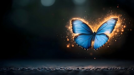 Poster - Ethereal Blue Butterfly with Glowing Wings Floating in Fiery Aura Against a Dark Backdrop Surrounded by Soft Light and Mystical Energy