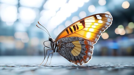 Leinwandbilder - Captivating close up of a radiant multicolored butterfly with intricate Thai inspired pattern designs on its wings glowing and shimmering in a futuristic sci fi esque digital environment