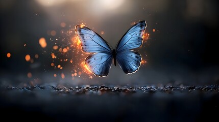 Leinwandbilder - Enchanting blue air butterfly with glowing luminous wings floating delicately in a fiery mystical aura against a dark atmospheric backdrop creating a captivating and otherworldly scene
