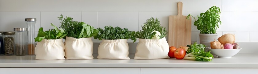 Fresh produce in fabric bags on a kitchen counter  showcasing zero waste groceries and sustainable shopping habits for an eco friendly lifestyle