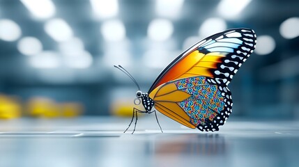 Poster - Vibrant multicolored butterfly with elegant Thai inspired patterns on its wings captured in a close up shot against a futuristic abstract backdrop in shades of blue purple and green