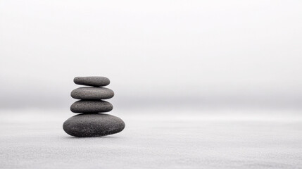 Stacked black stones on a smooth surface against a calm white background