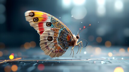 Leinwandbilder - Mesmerizing Multicolored Butterfly Glowing in a Futuristic Sci Fi Landscape   Intricate Thai inspired patterns adorn the delicate wings of this captivating insect hovering amidst a dreamlike