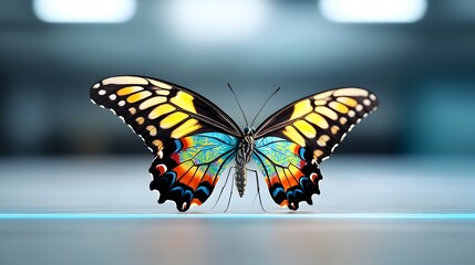 Poster - Breathtaking close up of a large butterfly with vibrant colorful Thai inspired wing patterns illuminated by a mesmerizing futuristic glow in a conceptual sci fi setting